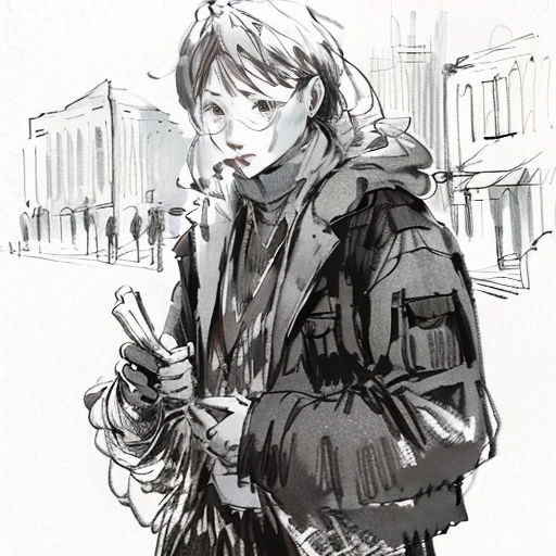 a drawing of a woman walking down a street holding a cell phone in her hand and looking at her phone