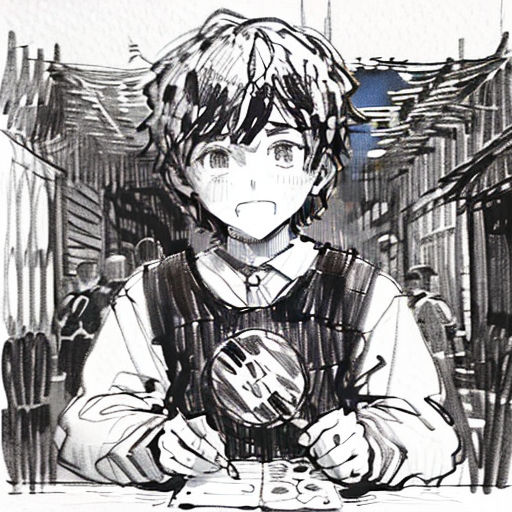 a drawing of a boy holding a ball in his hands and a building in the background with a blue star