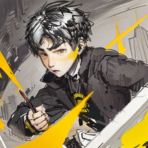 a man holding a knife and a knife in his hand with a yellow background behind him and a yellow and black background