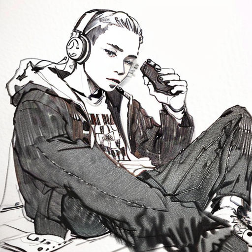 a drawing of a person sitting on a bed with headphones on and a remote in his hand and a pair of shoes in his other hand