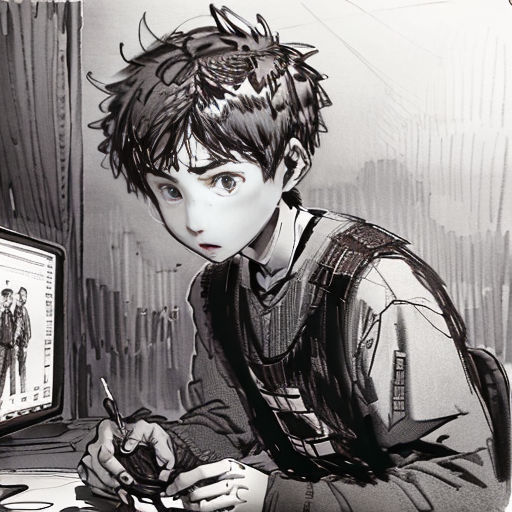 a boy is sitting at a desk with a computer and a pen in his hand and a computer screen in the background