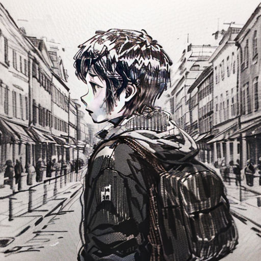a drawing of a boy walking down a street with a backpack on his back and a backpack on his shoulder