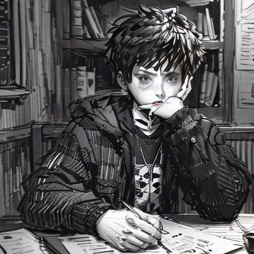 a person sitting at a table with a book and pen in their hand and a book in front of them