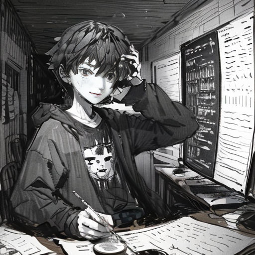a man sitting at a desk with a computer and a mouse in his hand and a cat on his shoulder