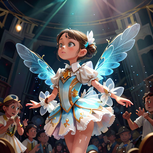 a cartoon girl dressed in a fairy costume with wings and a tiara on her head, standing in front of a crowd of people