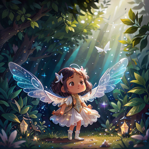 a little girl dressed as a fairy standing in the woods with a butterfly on her shoulder and a butterfly in her hand