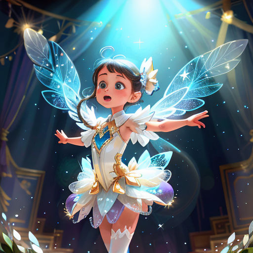 a cartoon character dressed as a fairy with wings and a dress on, standing on a stage with a spotlight