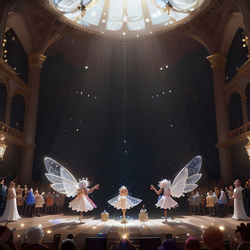 a group of people on a stage with fairy wings on their wings and a light shining down on them