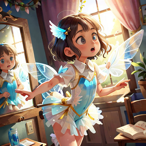 a girl in a fairy costume is standing in front of a mirror and looking at herself in the mirror