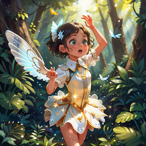 a little girl dressed in a fairy costume in the woods with butterflies flying around her and a butterfly in her hand