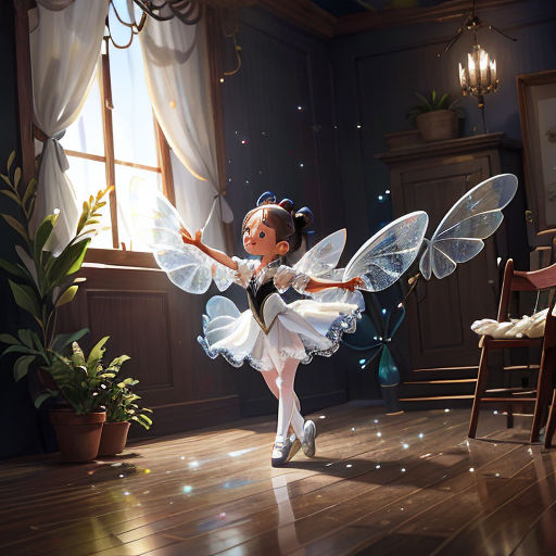 a little girl dressed in a fairy costume dancing on a wooden floor in a room with a window and a potted plant