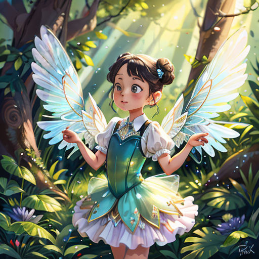 a girl in a green dress with wings standing in the woods with a forest background and trees and flowers