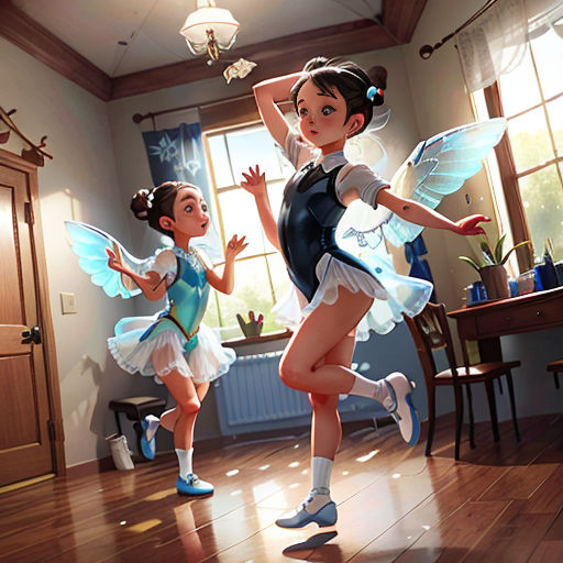 two girls dressed in costumes are dancing in a room with a table and a window in the background and a door in the background