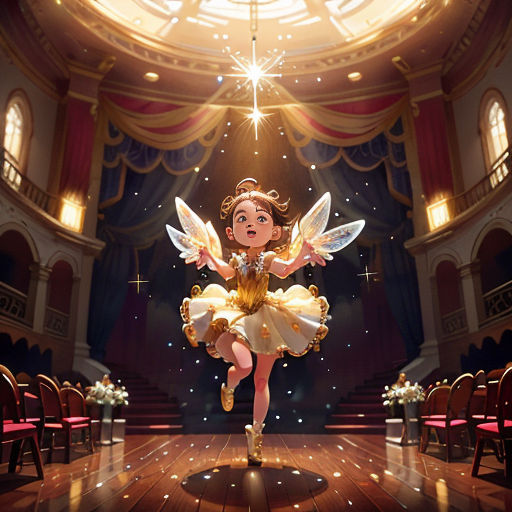 a cartoon character is dancing in a fancy dress in a theater with a star above her head and a ceiling