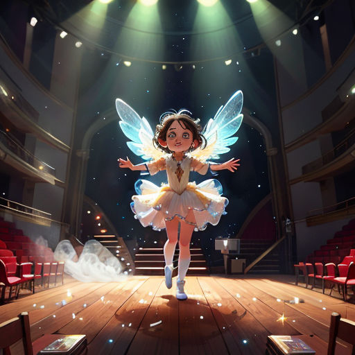 a cartoon fairy standing on a stage with a spotlight on her head and arms outstretched, with a spotlight on her head