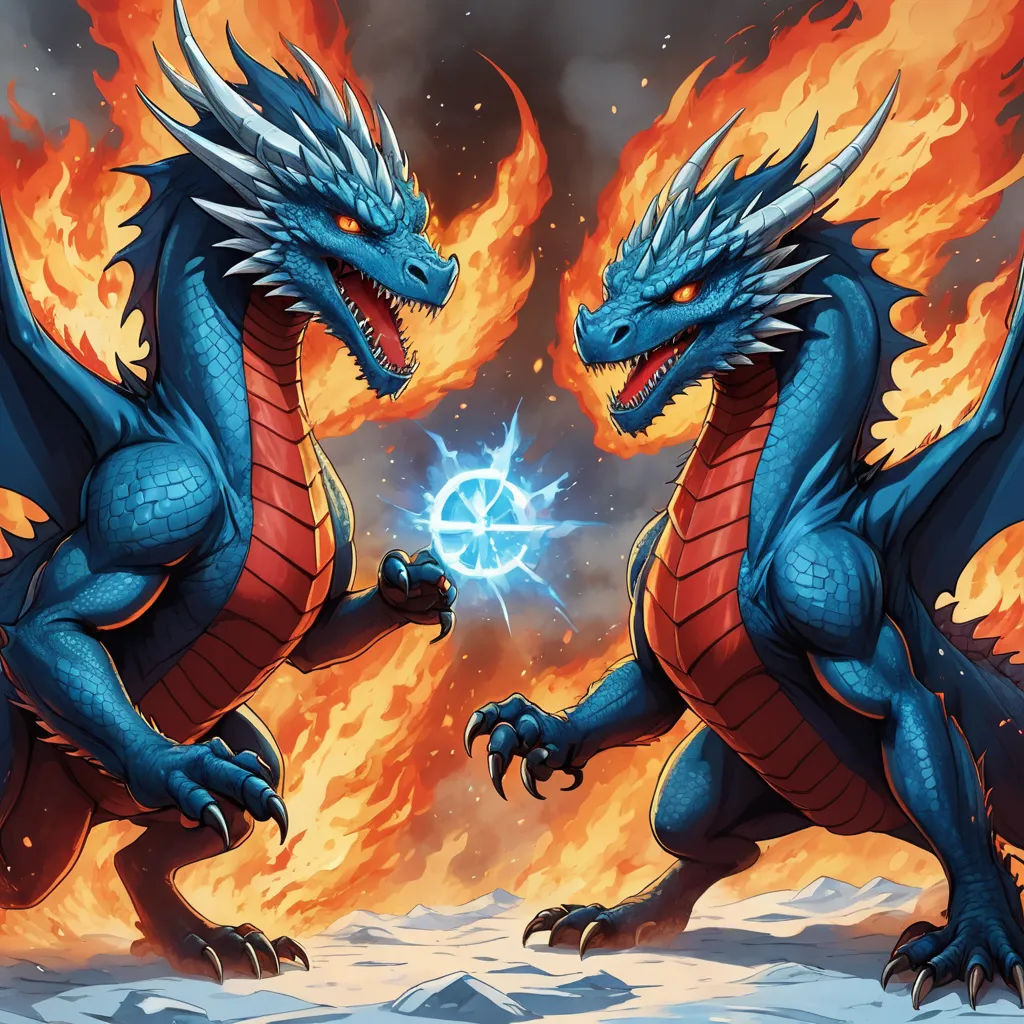 two blue dragon fighting over a ball of fire in a snowy landscape with mountains in the background and a bright blue flame, fantasy art, concept art, Anne Stokes, dragon art
