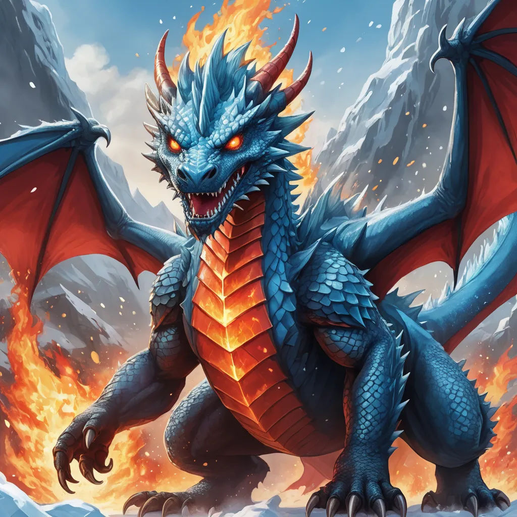 a blue dragon with red wings and a flame in its mouth, standing in front of a mountain and sky, altermodern, concept art, Adam Rex, dragon art