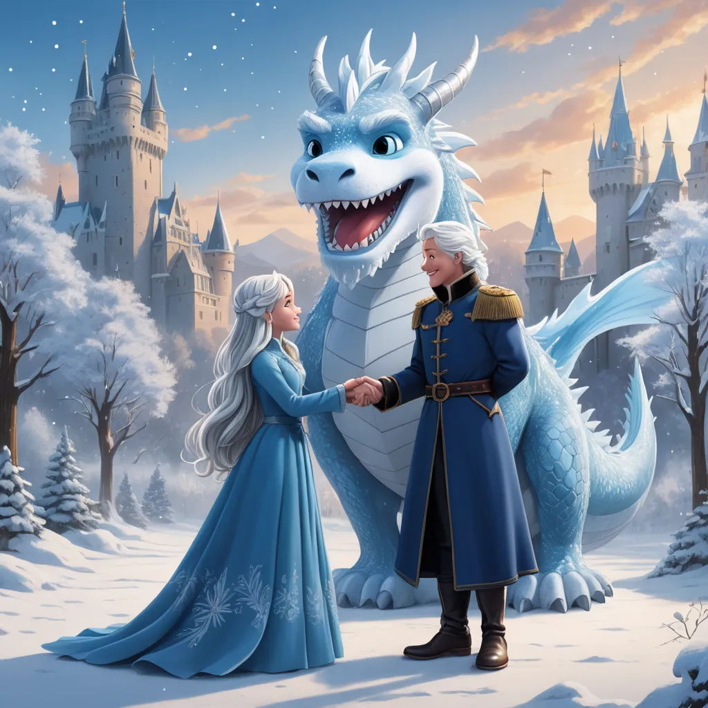 a man and a woman shaking hands in front of a dragon and castle with snow on the ground and trees, fantasy art, a storybook illustration, disney, official art