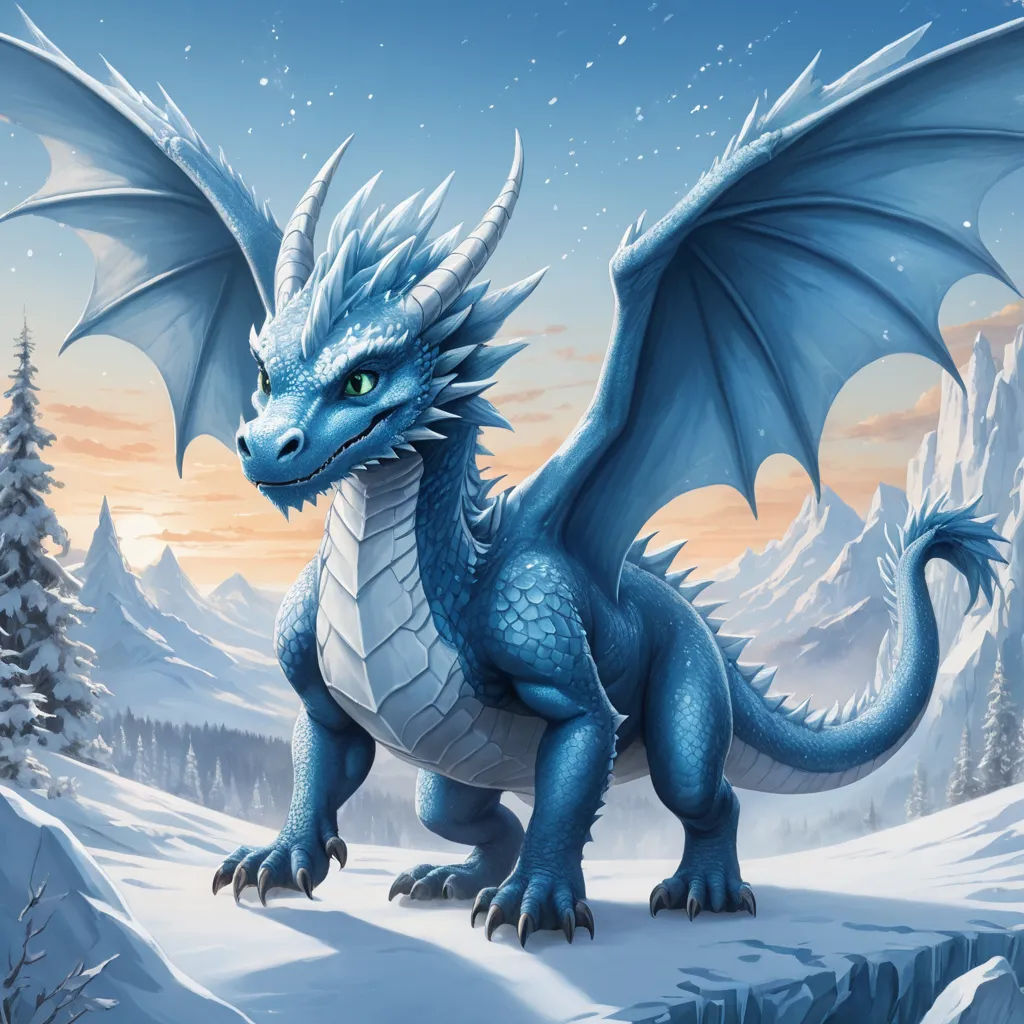 a blue dragon standing in a snowy landscape with mountains in the background and a sunset in the background with clouds, fantasy art, a storybook illustration, Anne Stokes, dragon art