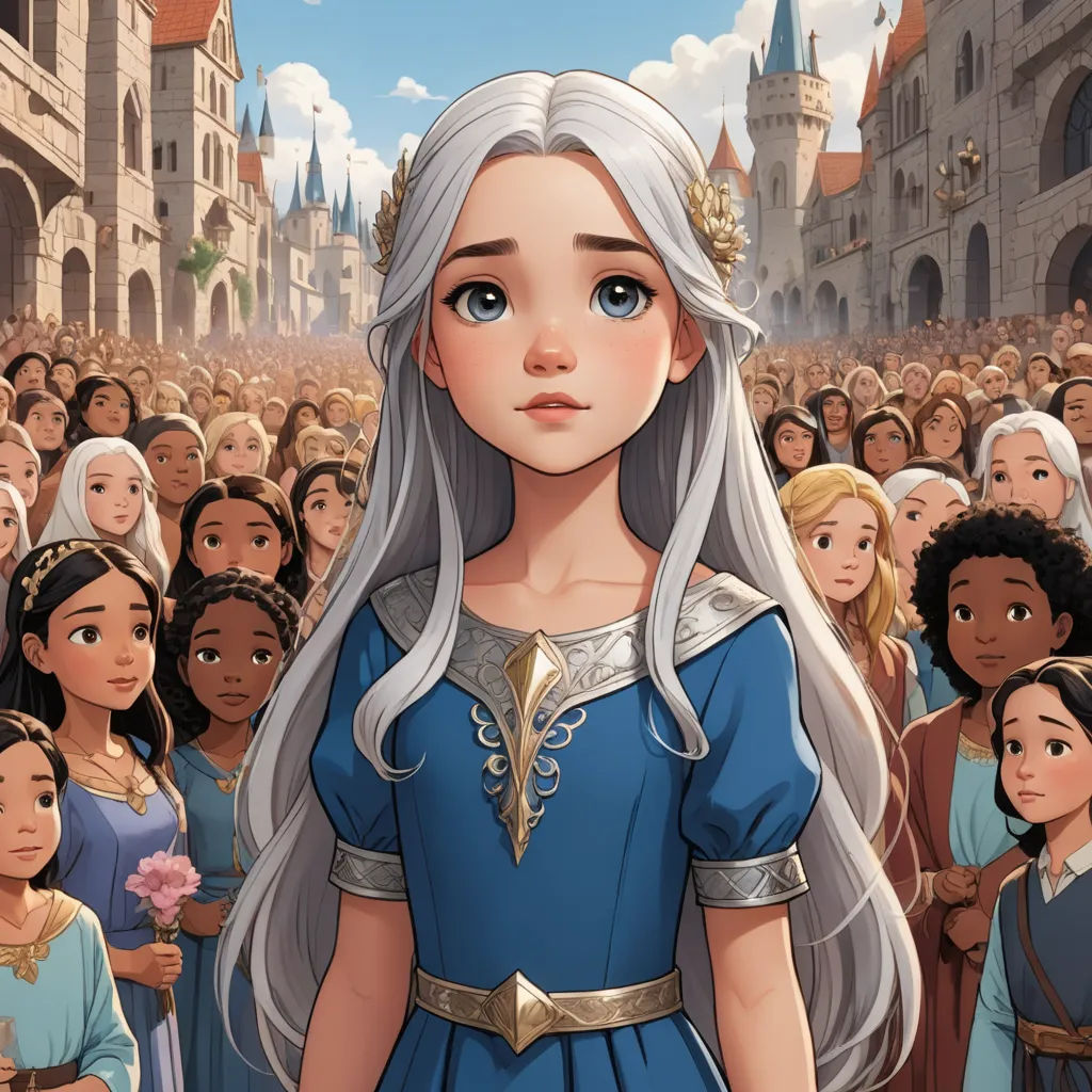 a cartoon of a woman in a blue dress surrounded by people in a city street with a castle in the background, fantasy art, a storybook illustration, disney, official art
