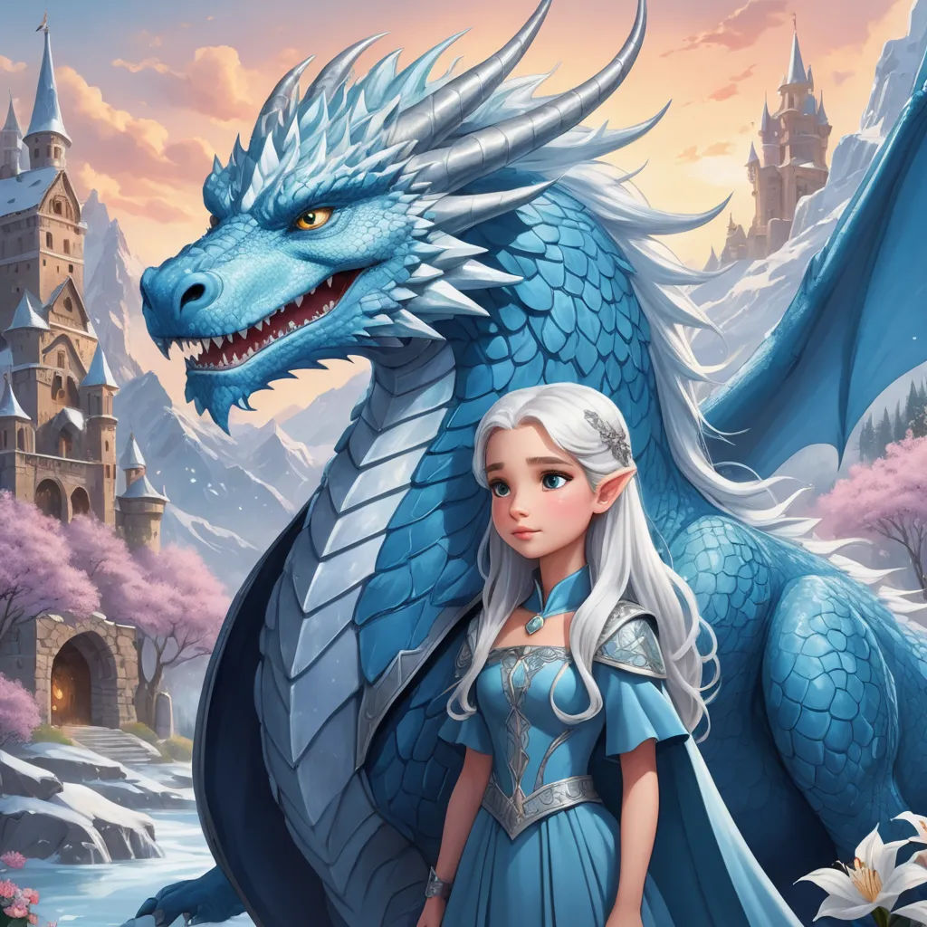 a young girl in a blue dress standing next to a blue dragon in front of a castle with a snow - capped mountain, fantasy art, a storybook illustration, Anne Stokes, dragon art