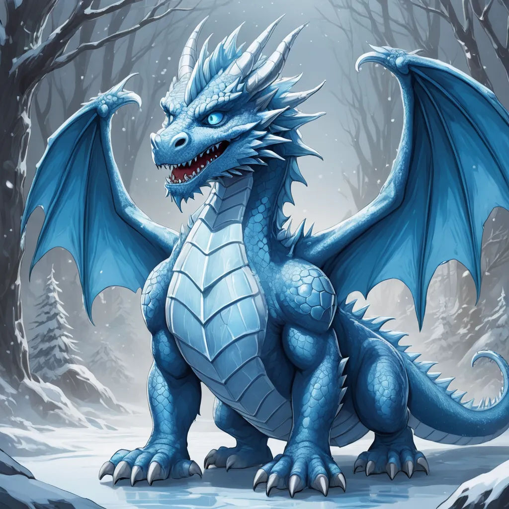 a blue dragon sitting in the snow in front of a forest with trees and snow covered ground, with a full moon in the background, fantasy art, a storybook illustration, Anne Stokes, dragon art