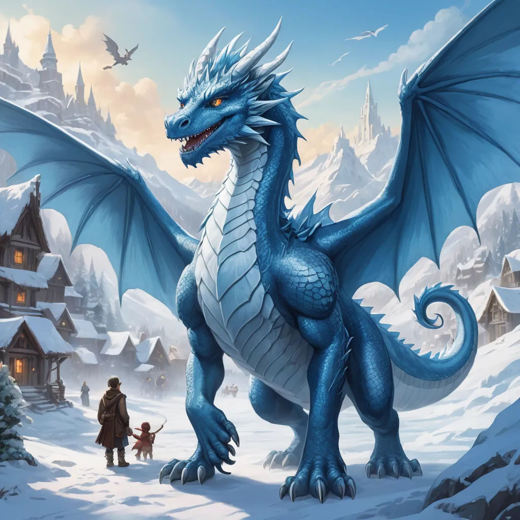 a blue dragon with a man and a dog in a snowy landscape with a castle in the background and a bird flying over it, fantasy art, a storybook illustration, Clint Cearley, dragon art