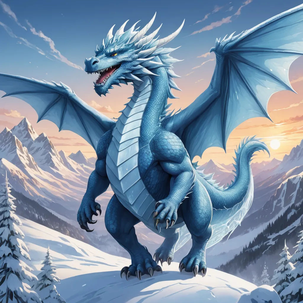 a blue dragon standing on a snowy hill with mountains in the background and a sunset in the background with clouds, fantasy art, an airbrush painting, Anne Stokes, dragon art