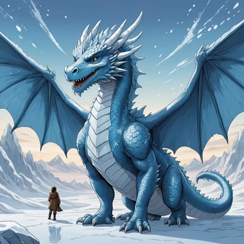 a blue dragon with a man standing in the snow in front of it and mountains in the background with snow, fantasy art, a storybook illustration, Dirk Crabeth, dragon art