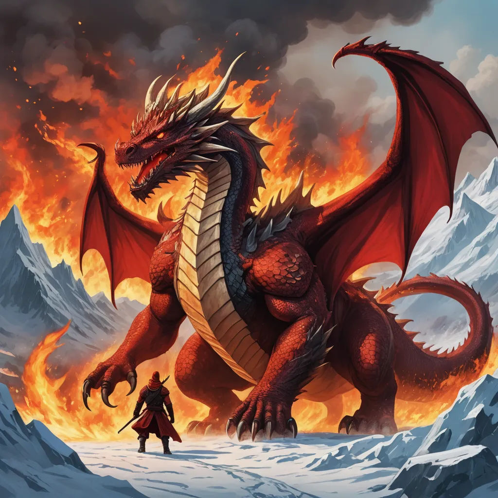 a dragon with a sword standing in front of a mountain fire dragon with a sword in its mouth and a man standing in front of it, fantasy art, concept art, Chris Rahn, dragon art