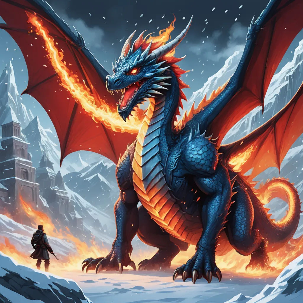 a dragon with a man standing next to it in the snow with a castle in the background and a mountain in the background, fantasy art, a storybook illustration, Anne Stokes, magic the gathering artwork
