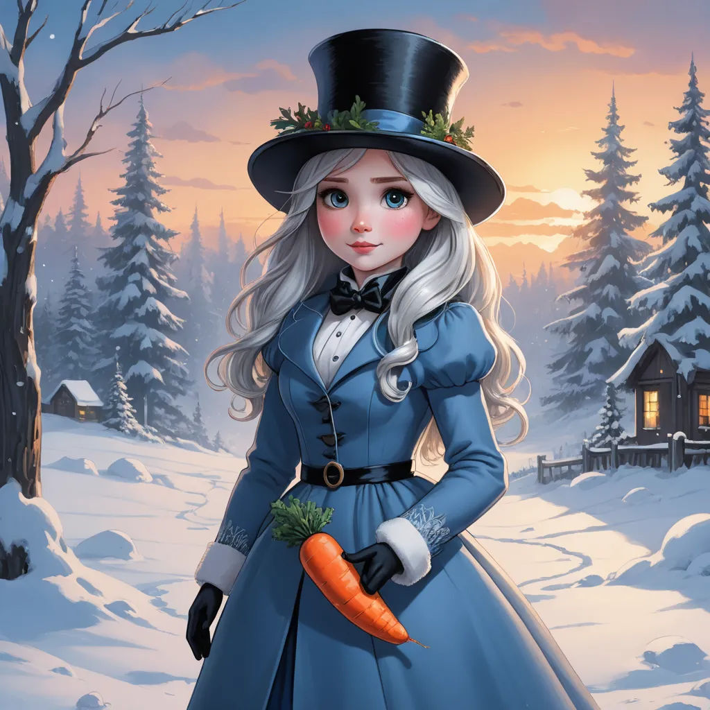 a painting of a girl in a blue dress and hat holding a carrot in a snowy landscape with a cabin in the background, fantasy art, a storybook illustration, Anne Stokes, trending on art station
