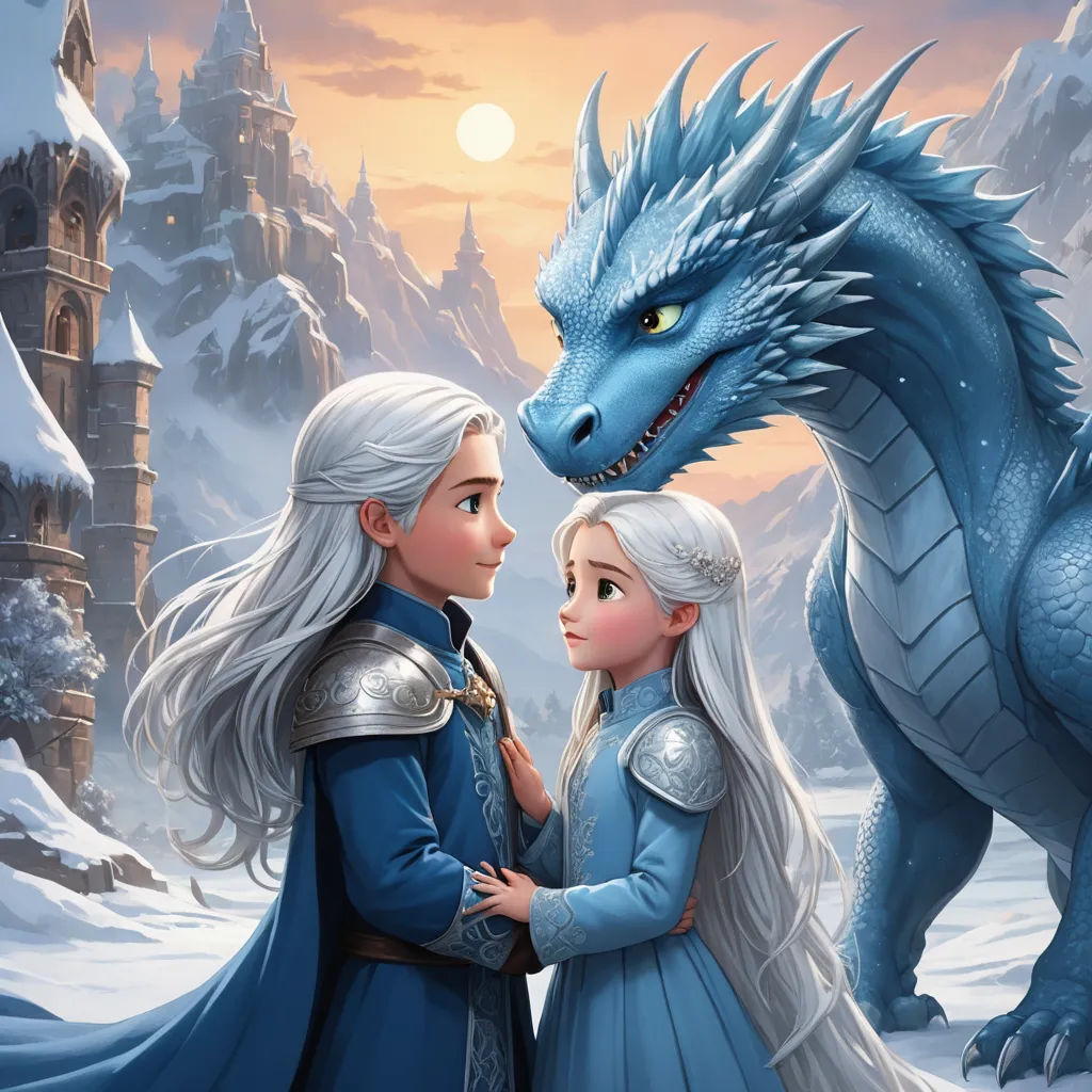 a couple of people standing next to a dragon on a snow covered field with a castle in the background, fantasy art, a storybook illustration, disney, official art