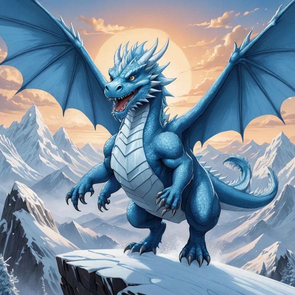 a blue dragon standing on a snowy mountain top with mountains in the background and a sun setting behind it, fantasy art, an airbrush painting, Anne Stokes, dragon art