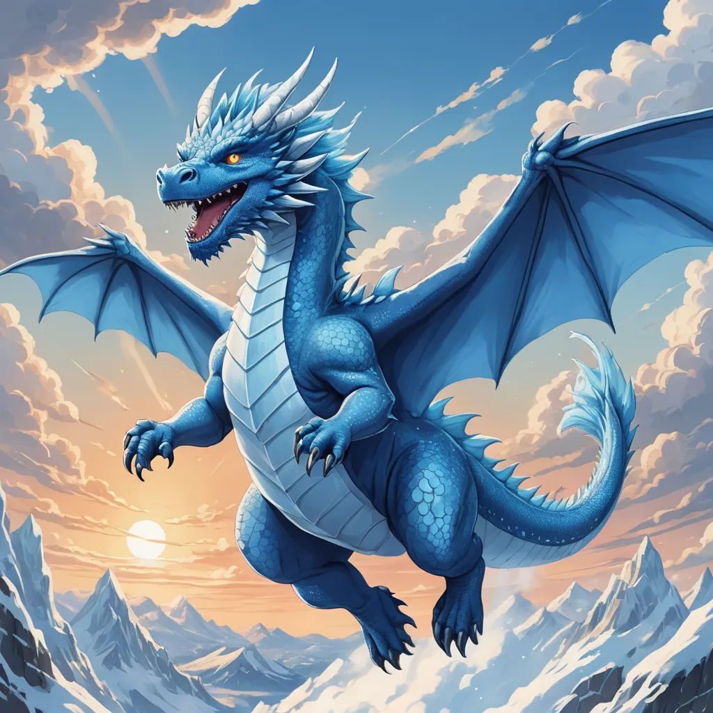 a blue dragon is flying in the sky over a mountain range with a sunset behind it and clouds in the sky, fantasy art, a storybook illustration, Anne Stokes, dragon art