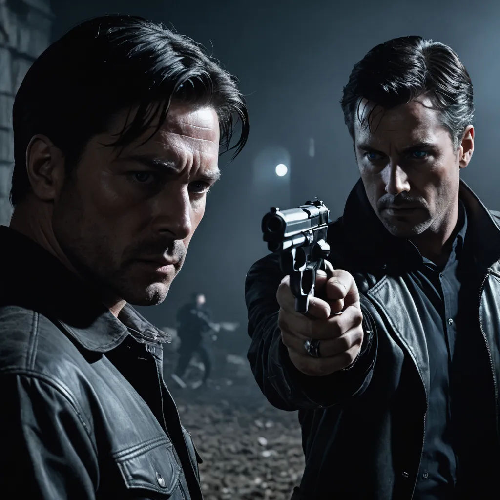 two men holding guns in a dark room with smoke coming from the ceiling and a brick wall behind them, viennese actionism, a poster, Derek Hill, promotional image