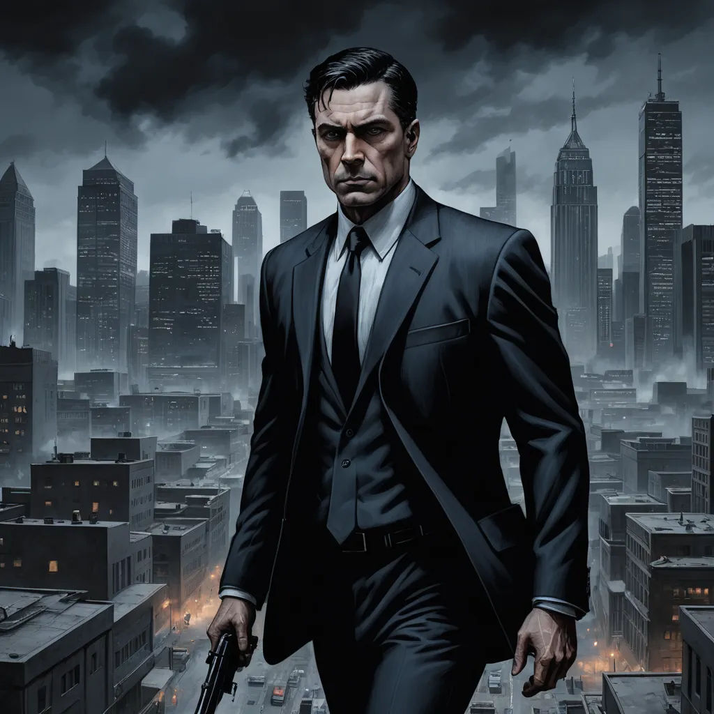 a man in a suit holding a gun in a cityscape scene with a dark sky and dark clouds, photorealism, poster art, Edward Otho Cresap Ord, II, comic cover art