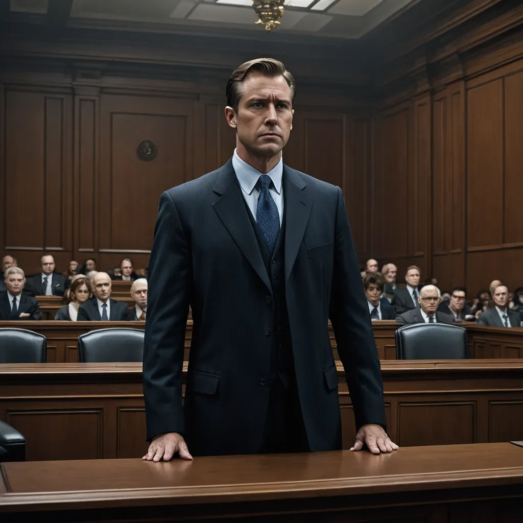 a man in a suit standing in front of a courtroom full of people in suits and ties, with his hands on his hips, american realism, a poster, Alan Sutherland, promotional image