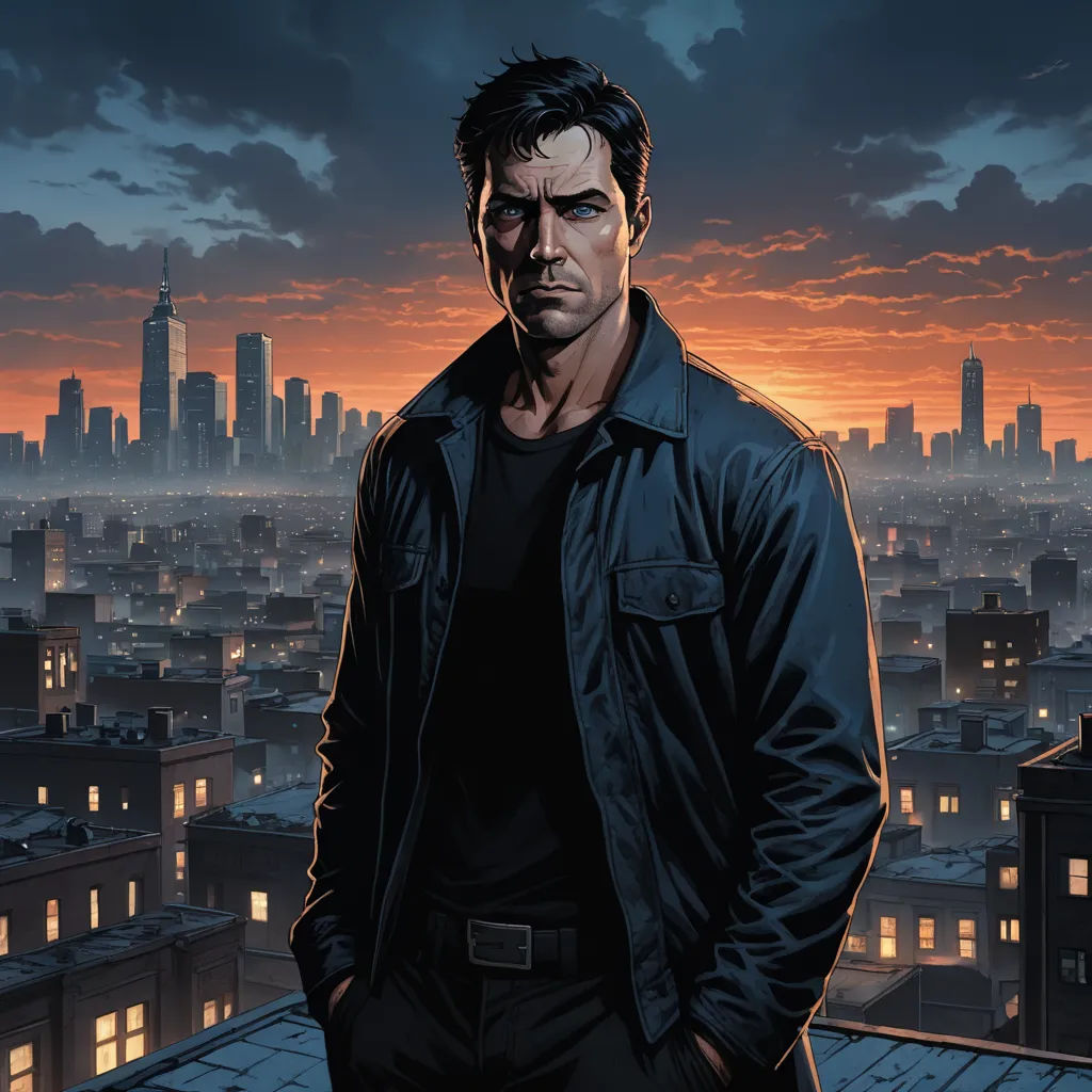 a man standing on top of a roof in front of a city skyline at sunset with a city skyline in the background, serial art, a comic book panel, Cedric Seaut (Keos Masons), comic cover art