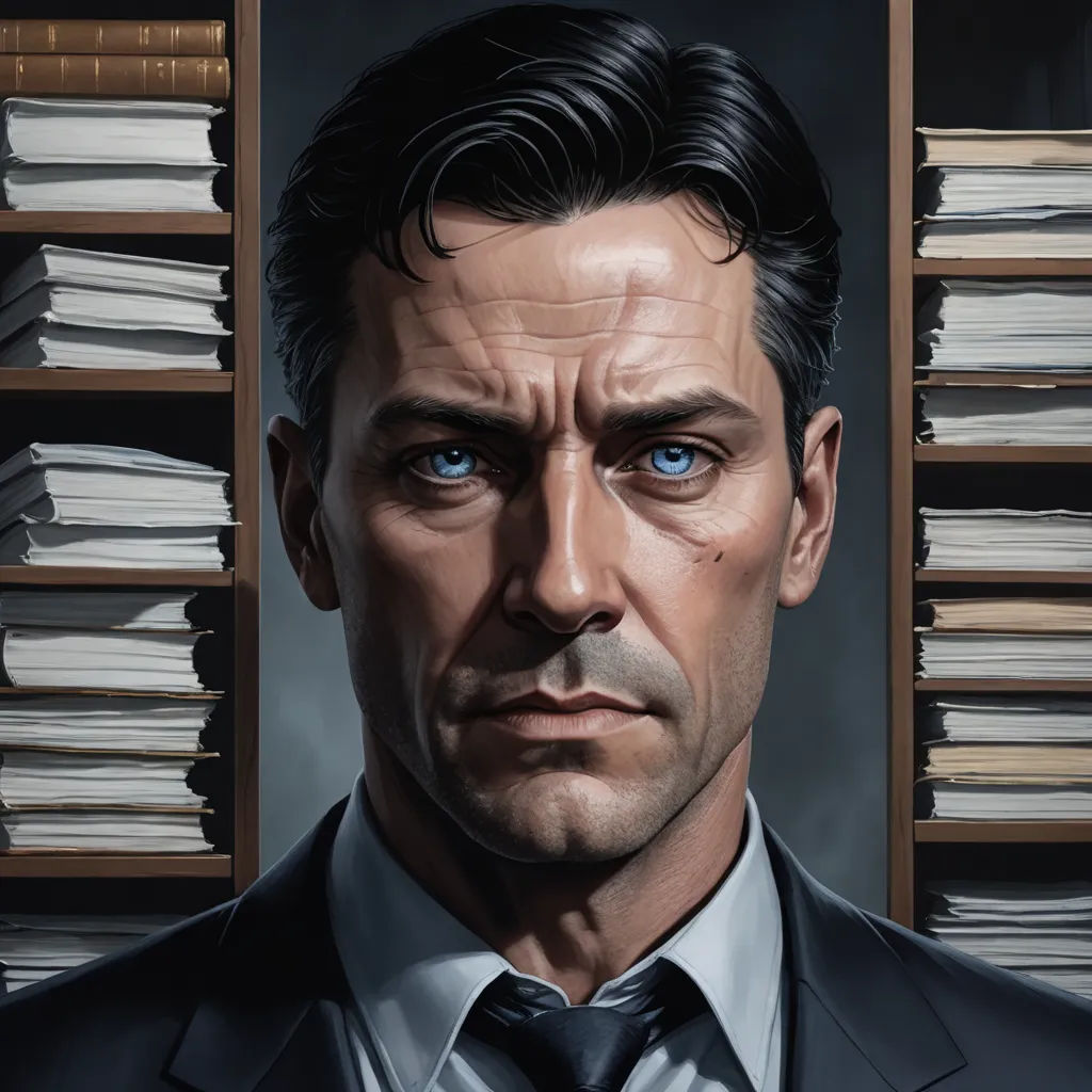 a man in a suit and tie with a bookcase behind him and a bookcase behind him with books, sots art, a character portrait, David Palumbo, character portrait
