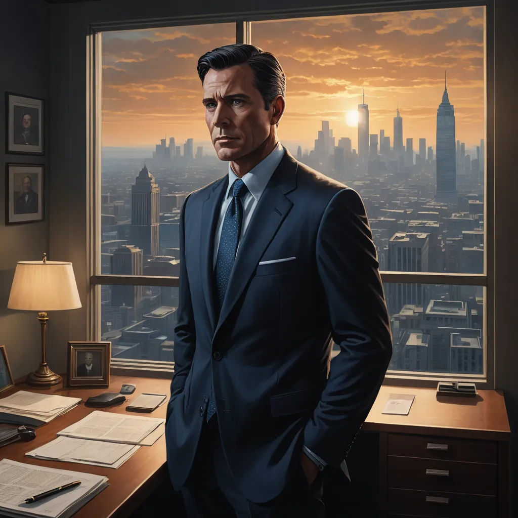 a man in a suit standing in front of a window with a city view in the background and a lamp on a desk, american realism, an ultrafine detailed painting, Allan Brooks, highly detailed digital painting