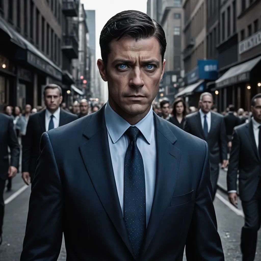 a man in a suit and tie walking down a street with other men in suits and ties on either side of him, rayonism, a poster, David Budd, promotional image