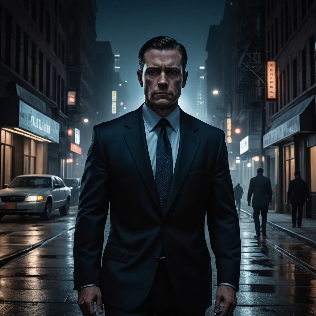 a man in a suit and tie walking down a street at night with a car in the background and a man in a suit and tie walking down the street, private press, poster art, Dong Kingman, cinematic photography