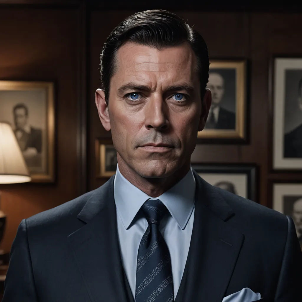 a man in a suit and tie standing in front of a wall with pictures on it and a lamp, mannerism, a character portrait, Dan Scott, j. c. leyendecker 8 k