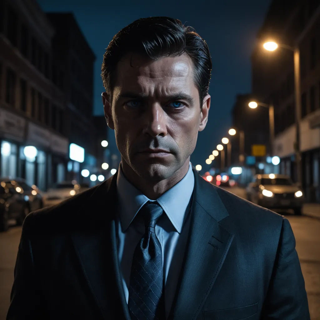 a man in a suit and tie standing on a street at night with a city street light in the background, serial art, a character portrait, Dan Scott, promotional image