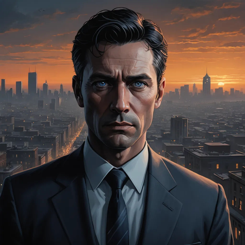 a man in a suit and tie standing in front of a city skyline at sunset with a cityscape in the background, sots art, a character portrait, Allan Brooks, character portrait