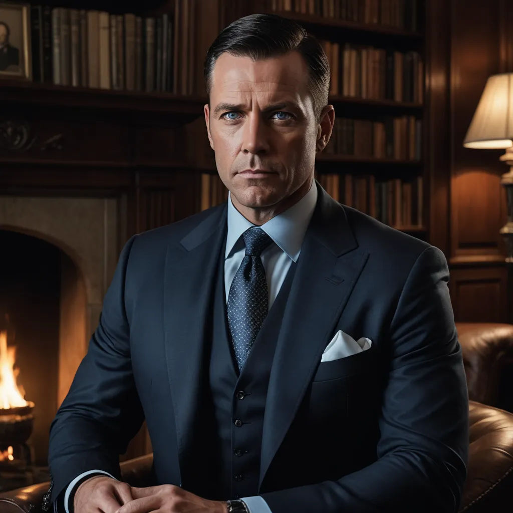 a man in a suit sitting in a chair in front of a fireplace with a watch on his wrist, private press, a character portrait, Dan Scott, j. c. leyendecker 8 k