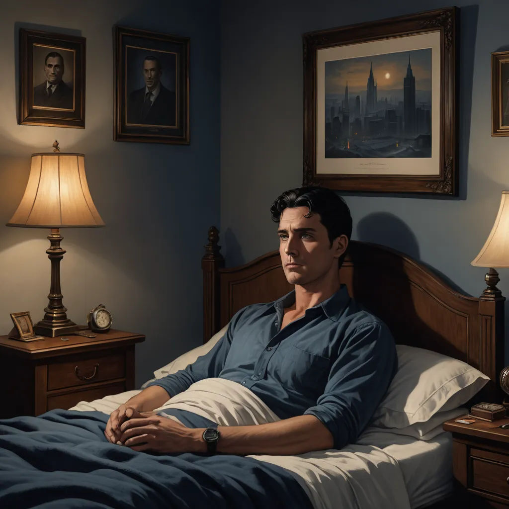 a man laying in bed with a clock on the nightstands and a painting on the wall behind him, american realism, a hyperrealistic painting, F. Scott Hess, edward hopper and james gilleard