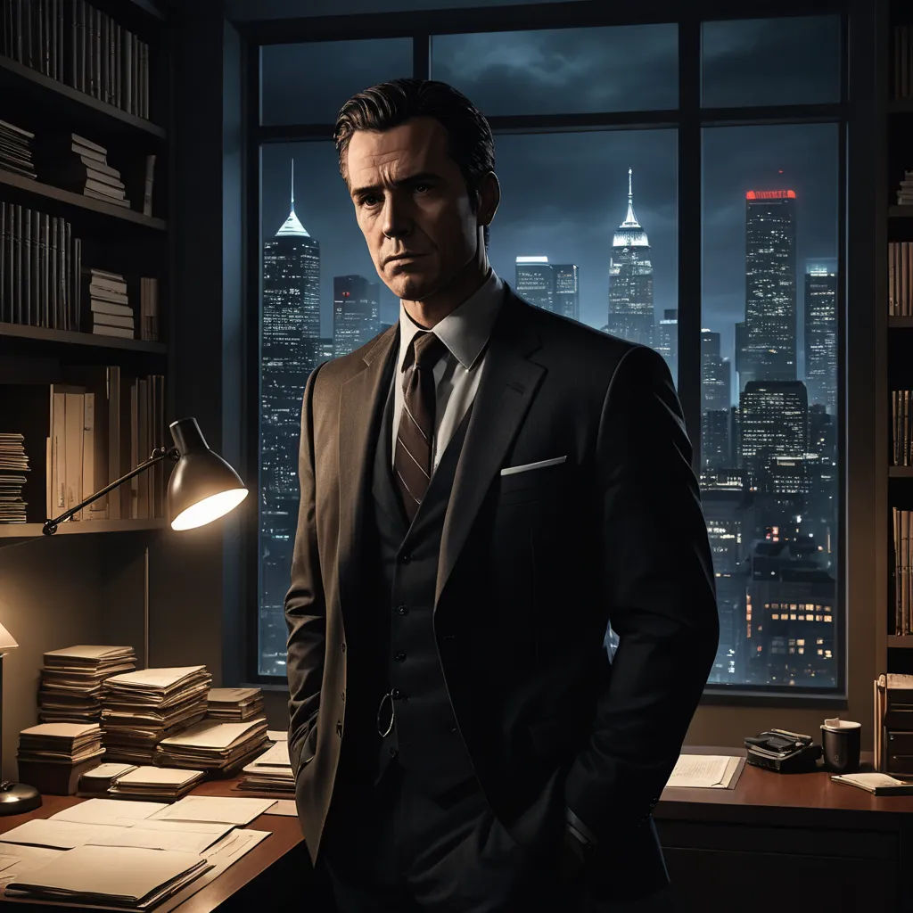 a man in a suit standing in front of a desk with a lamp on it and a bookcase, new objectivity, a character portrait, Allan Brooks, promotional image