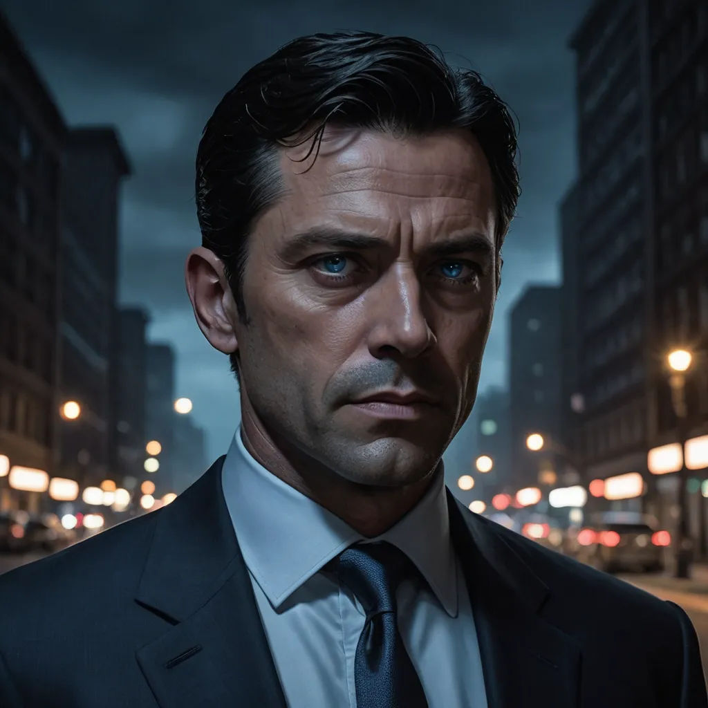 a man in a suit and tie standing in a city at night with a city street in the background, photorealism, a character portrait, Derek Hill, j. c. leyendecker 8 k